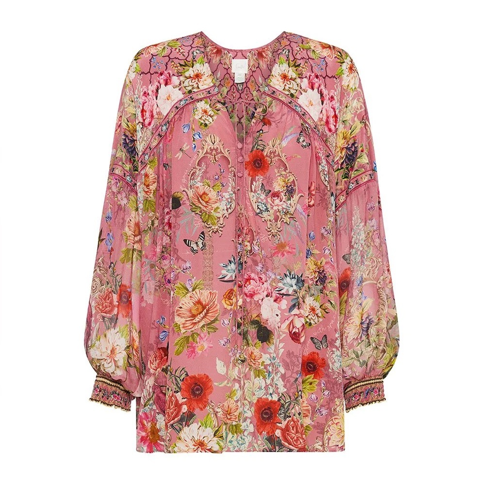 Camilla “Patchwork Heart” pink silk floral boho blouson blouse tunic top OS
